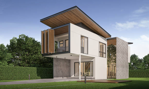 istock Modern house exterior day light with lawn grass.3d rendering 2169688193
