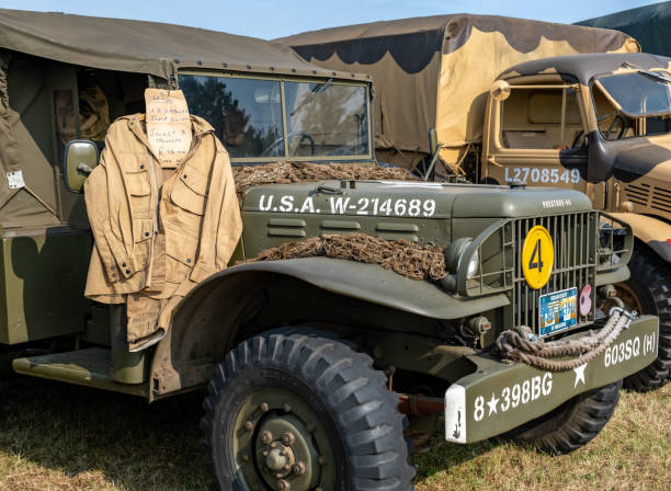 Close up of military jeep Forncett St Peter, Norfolk, UK - August 18 2024. Close up of a vintage military jeep on display at a public exhibition and world war re-enactment jeep 4x4 off road vehicle world war ii stock pictures, royalty-free photos & images