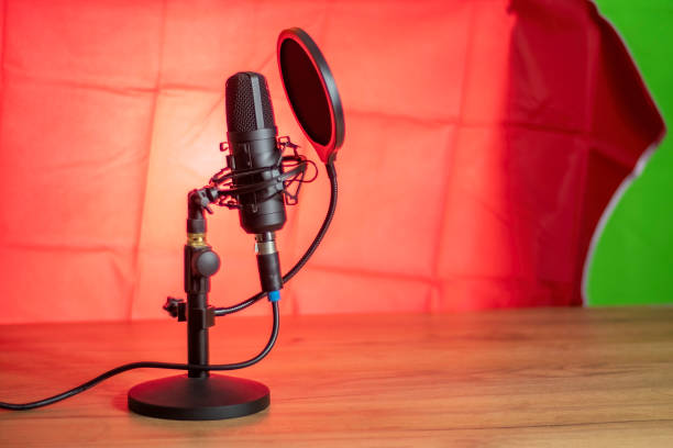 istock Black professional microphone on a stand. Pop filter installed on the microphone. A red toned picture. 2169690060