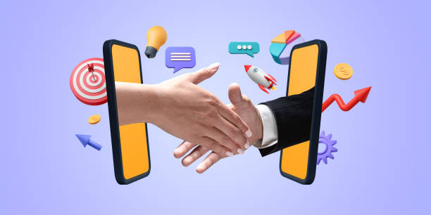 istock Handshake through smartphone screens with various business icons on light blue background. Concept of b2b, technology, and online agreements 2169691060