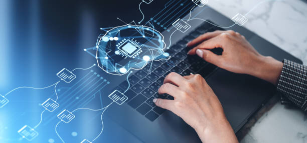 istock Woman using laptop, AI brain and document management system hologram hud 2169691086
