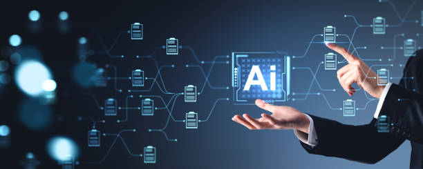 istock Businessman interacting with AI technology on dark background. 2169691127