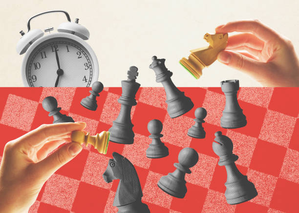 istock Chess opponents moving chess pieces, vintage style design 2169691221