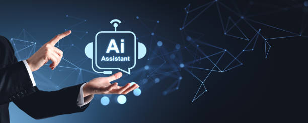istock Businessman hand pointing at an AI assistant icon in a digital interface. Modern, futuristic design on a dark background. Concept of artificial intelligence in business 2169691247