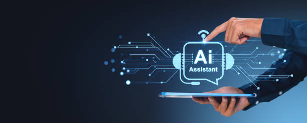 istock Man using tablet, finger touch digital AI assistant hologram. Copy space 2169691367
