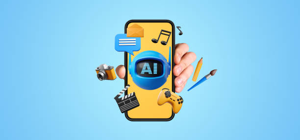 istock Man hand with phone, AI bot with creative services icons 2169691545