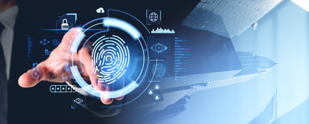 istock Man finger touch fingerprint hologram with cybersecurity statistics icons 2169691587