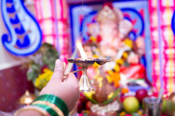 Indian Traditional Pooja Light for Festivals . Ganesh Chaturthi. blur background