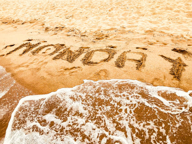 Monday morning at the beach in Italy text in sand the waves of the sea