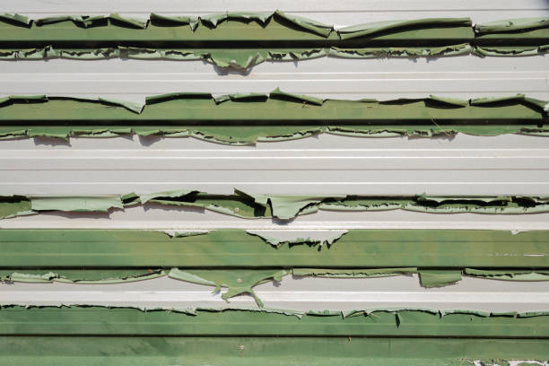 The moss green paint on a steel profile wall is peeling off. The photo was taken on a sunny summer day.