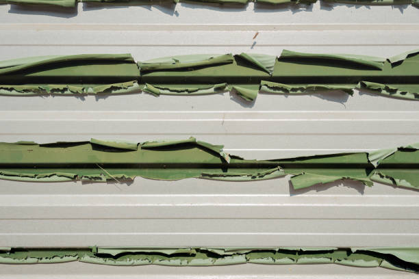 The moss green paint on a steel profile wall is peeling off. The photo was taken on a sunny summer day.