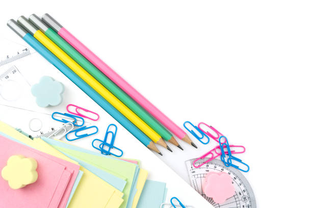 istock School colorful stationery on the white table. Copy space. Selective focus. 2169709098