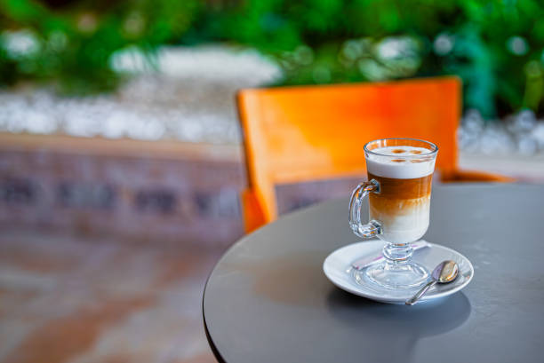 Coffee latte in a cafe on a table.