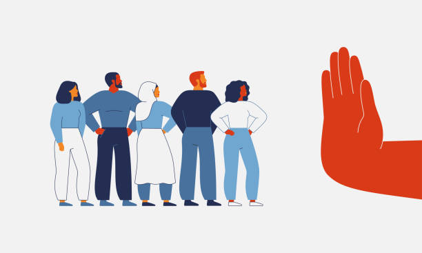 ilustrații de stoc cu mâna umană arată gestul de oprire pentru mulțimea de oameni. restricționarea sau închiderea granițelor în favoarea diversității globale și a imigrației - agresiune