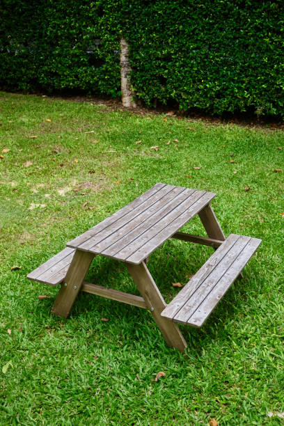 istock Old wooden table in green garden 2169719347