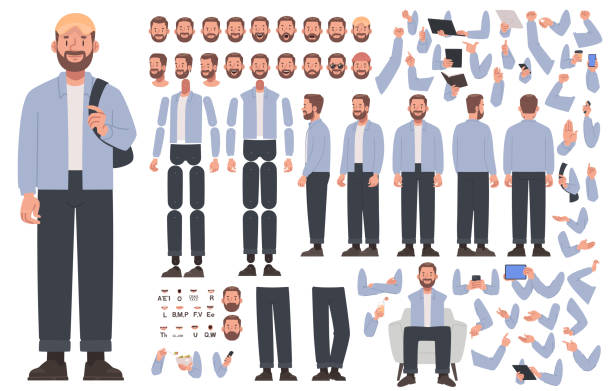 Man character constructor. Guy in casual clothes. Set of different positions of hands, legs, head for creating animation and own illustrations Man character constructor. Guy in casual clothes. Set of different positions of hands, legs, head for creating animation and own illustrations. DIY set. Vector illustration in flat style laptop side icon stock illustrations