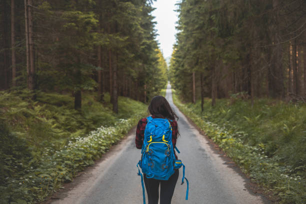 istock Back view of a woman with a blue backpack walking barefoot down a peaceful forest road, surrounded by lush greenery and tall trees, symbolizing adventure and tranquility in nature 2169727415