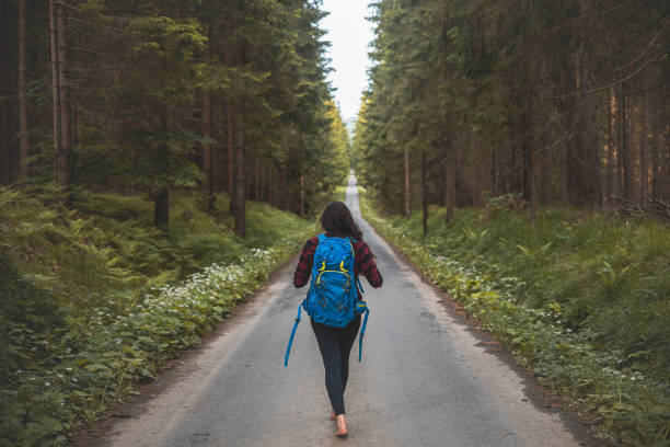 istock Back view of a woman with a blue backpack walking barefoot down a peaceful forest road, surrounded by lush greenery and tall trees, symbolizing adventure and tranquility in nature 2169727425