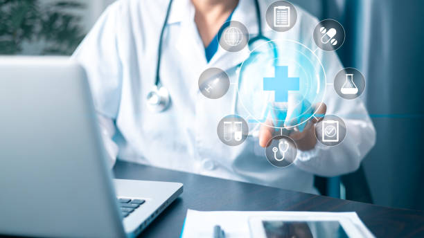 istock Virtual education in medicine is revolutionized by technology, allowing people to learn from convenience of computers with icons and backgrounds enhancing business of knowledge at fingertips. 2169729991