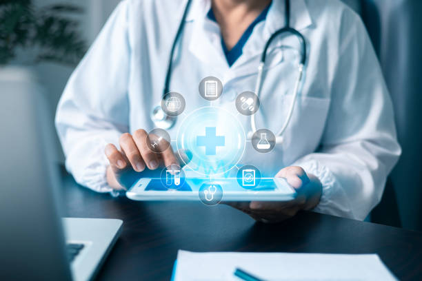istock Virtual education in medicine is revolutionized by technology, allowing people to learn from convenience of computers with icons and backgrounds enhancing business of knowledge at fingertips. 2169729994