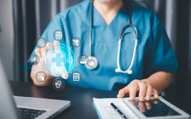 istock Virtual education in medicine is revolutionized by technology, allowing people to learn from convenience of computers with icons and backgrounds enhancing business of knowledge at fingertips. 2169730000