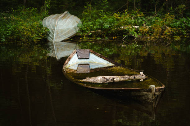 Half-sunken wooden boat next to a forest in Finland