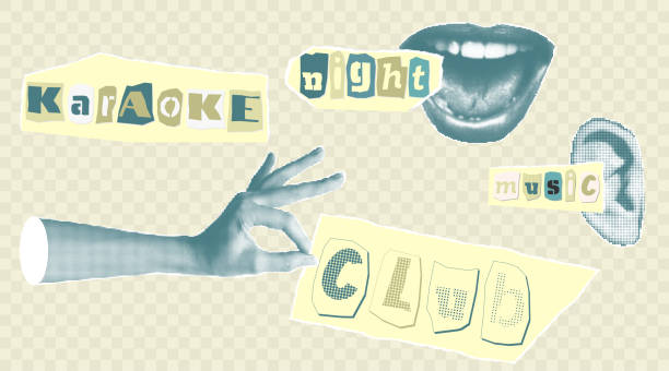 istock Karaoke music collage elements with halftone stickers hands lips and inscriptions Cut out from newspapers, magazines, torn paper Good idea for banner, flayer, poster design Vector illustration 2169735429