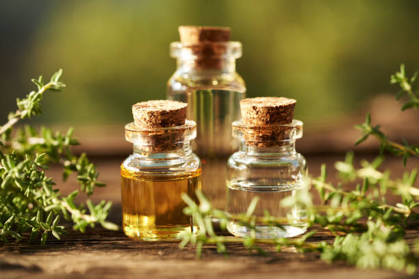 istock Three bottles of aromatherapy essential oil with fresh thyme twigs 2169740133
