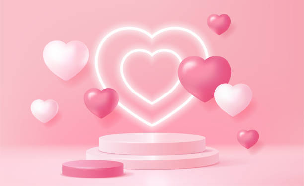 istock Valentines day scene with podium. Pink banner with neon and floating hearts, cylindrical pedestal or stage for product presentation and advertising. Realistic 3D vector illustration 2169740835
