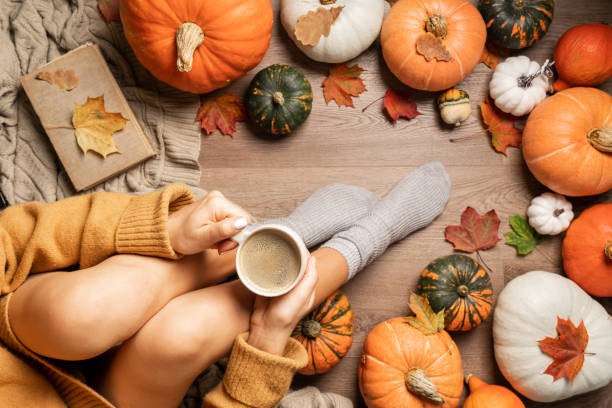 woman sitting between pumpkins stock photo