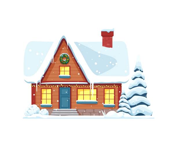 Christmas winter house facade exterior, snowy home Christmas winter house facade exterior of home building with snowy icicles on roof, cartoon vector. Christmas town home or village house with chimney and fir tree in garden yard and light in windows icicle cartoon stock illustrations