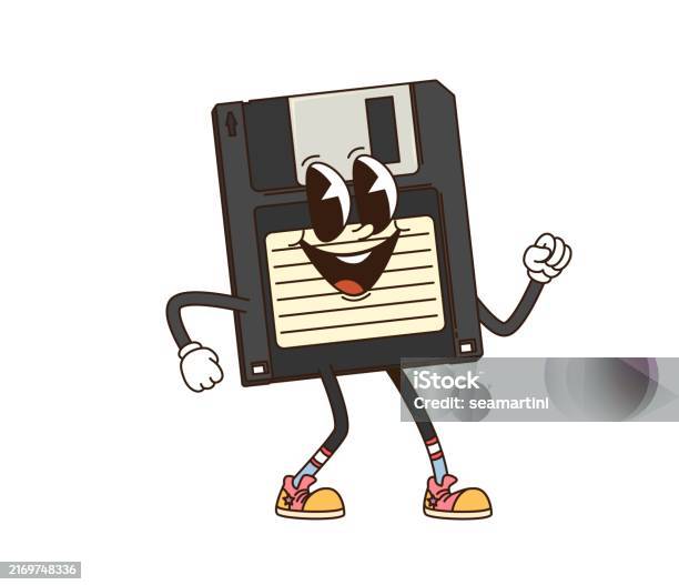 Computer Character Drive Image Cartoon Groovy Computer Diskette Retro Character Stock Illustration ...