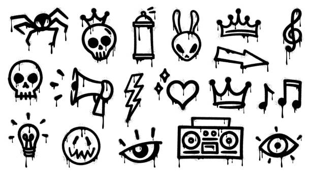 Graffiti spray paint, grunge ink icons vector set Graffiti spray paint, grunge ink icons. Vector set of black urban and street culture elements. Spider, skull, crown and rabbit head, musical notes, lightning bolt and heart. Eye, megaph, light bulb edgy drawings stock illustrations