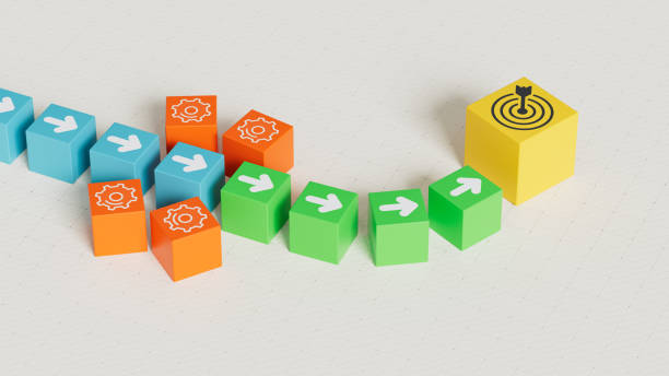istock System Update and Progress Towards Business Goals – Cube Composition with Arrows, Growth, and Target Symbols, 3D Rendering 2169748924