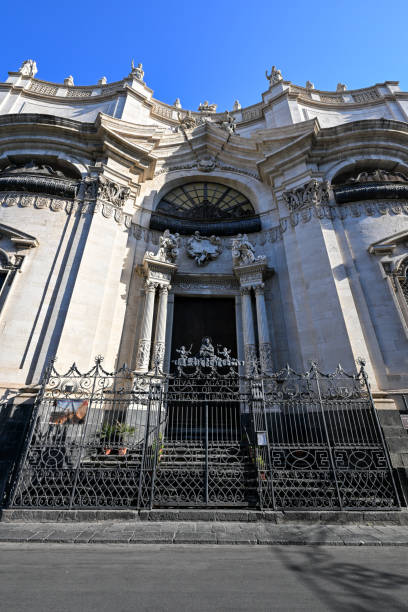 Scenic facade view of the Baroque style Chiesa della Badia di Sant'Agata a religious monument of Catania in Sicily, Italy.