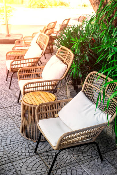 istock Tables and chairs in street cafe. Empty terrace 2169758405