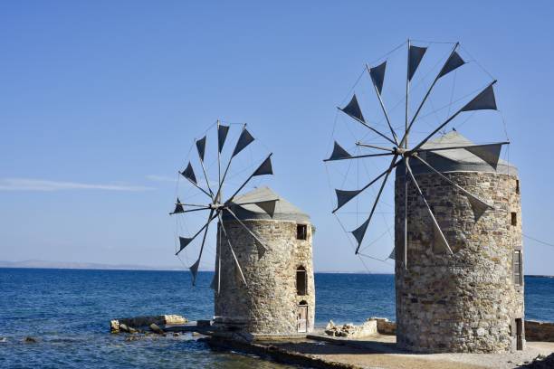 istock historic old windmills in chios island, greece 2169758624