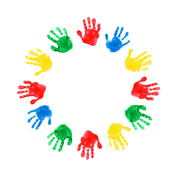 istock Circle of children's handprints. Vector illustration of chilren's palms on white backgound. International Children's Day 2169769355