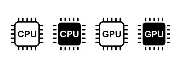 CPU and GPU core icon. Central graphic processor symbol. Circuit board chipset vector illustration. Computer hardware sign. Microprocessor electronic scheme. Microchip pictogram. CPU and GPU core icon. Central graphic processor symbol. Circuit board chipset vector illustration. Computer hardware sign. Microprocessor electronic scheme. Microchip isolated pictogram. processor icon stock illustrations