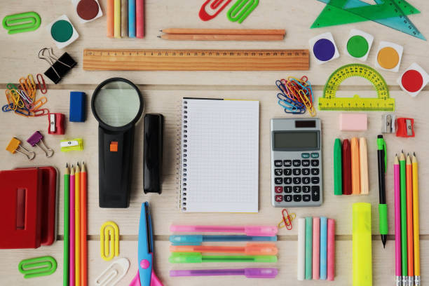 istock Various school or stationery items designed on wooden surface 2169772617