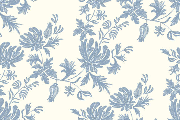 illustrazioni stock, clip art, cartoni animati e icone di tendenza di tapestry floral pattern vintage ethnic modern embroidery texture boho design vector illustration hand drawn silhouette indigo blue flower motif branches leaves wallpaper seamless background border. - motivo-floreale