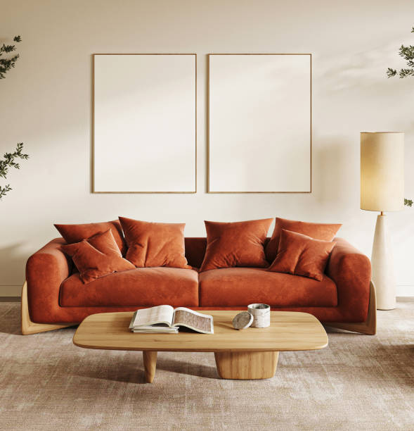istock Stylish and inviting living room featuring a cozy sofa and modern decorative elements, 3d rendering 2169794304