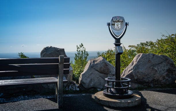 A sightseeing viewfinder at High Point Tower offers stunning panoramic views of New Jerseys rolling hills, lush forests, and serene lakes. The scene is perfect for observing natures beauty and capturing memorable moments.