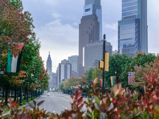 Autumn in Philadelphia city. Ben Franklin parkway and city hall view