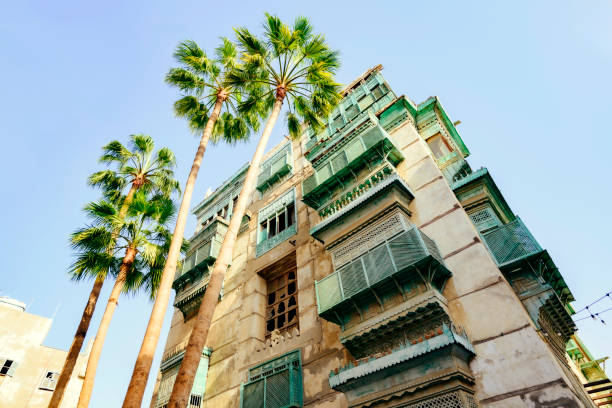 Beautifully painted mashrabiya balconies on traditional Hejazi family house in Jeddah