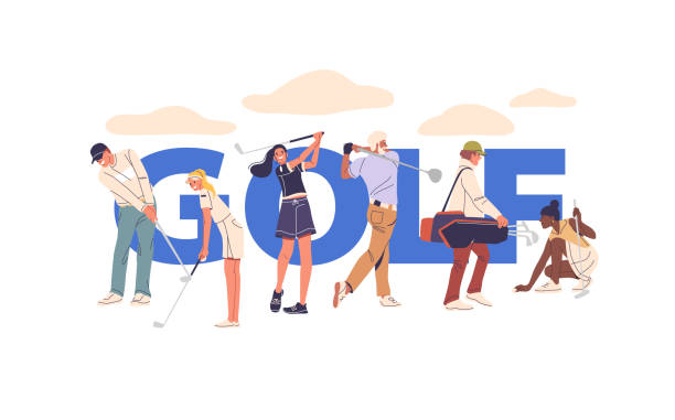 Male and Female Characters Equipped with Essential Golfing Gear, Engaged in Playing Golf Activity. Vector Poster, Banner or Flyer Concept Highlighting Enthusiasm and Team Spirit during the Game