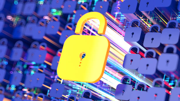 istock Cyber security. Network and data protection. Yellow lock sign on digital background. 2169804914