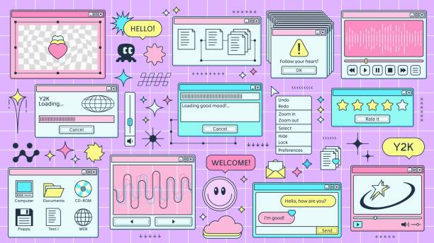 Y2K retro browser windows page, computer interface Y2K retro browser windows page of computer interface or PC screen, cartoon vector. Retro 90s Y2K computer display windows of internet browser tabs, loading bar and music player on pink background windows folder icon stock illustrations