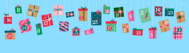 weihnachts-adventskalender mit weihnachtsgeschenkboxen - adventskalender stock-grafiken, -clipart, -cartoons und -symbole