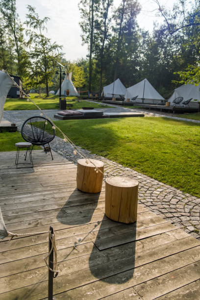 istock Luxury camping tents on wooden platforms surrounded by lush greenery views 2169810043